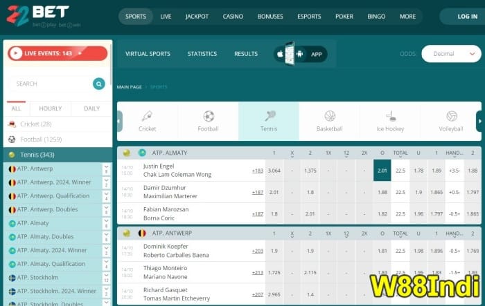 การพนันเทนนิส เว็บไซต์ 22BET ออนไลน์แนะนําโดย x5Betindi